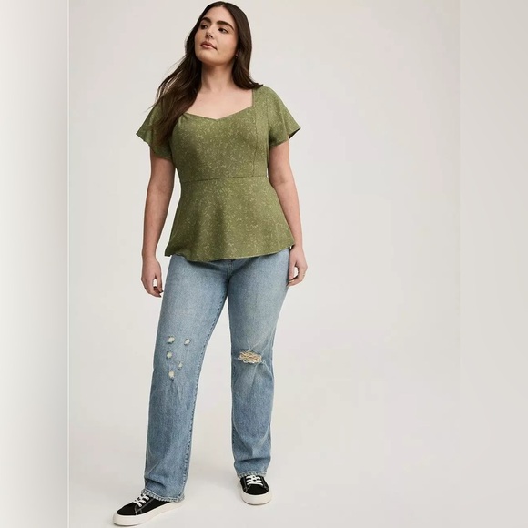 TORRID Peplum Challis Floral Olive Sweetheart Top Forest Fairy Whimsical 12 L - Picture 2 of 12